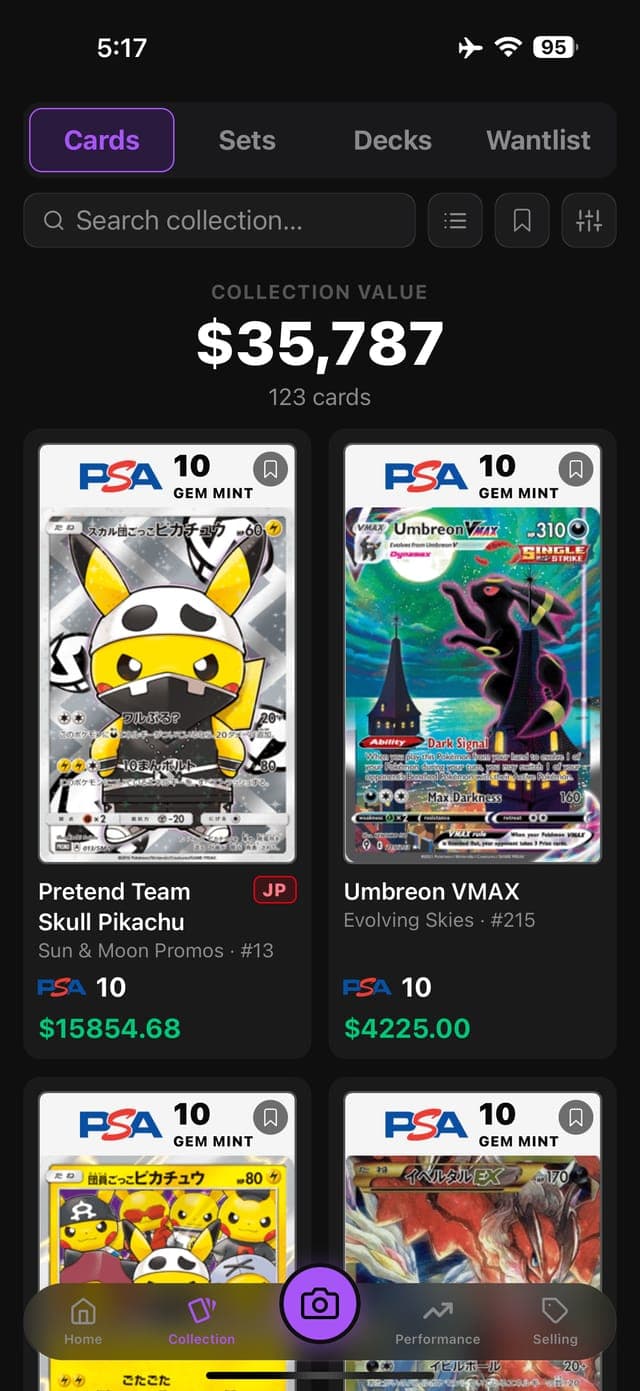 The Holomark collection tab showing a graded Pokémon card grid and a total collection value