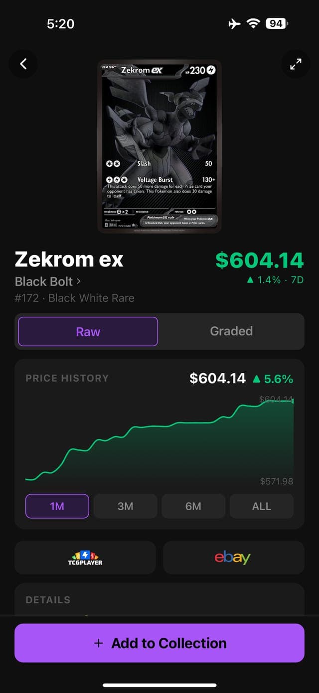 A Holomark card details screen with a price history chart