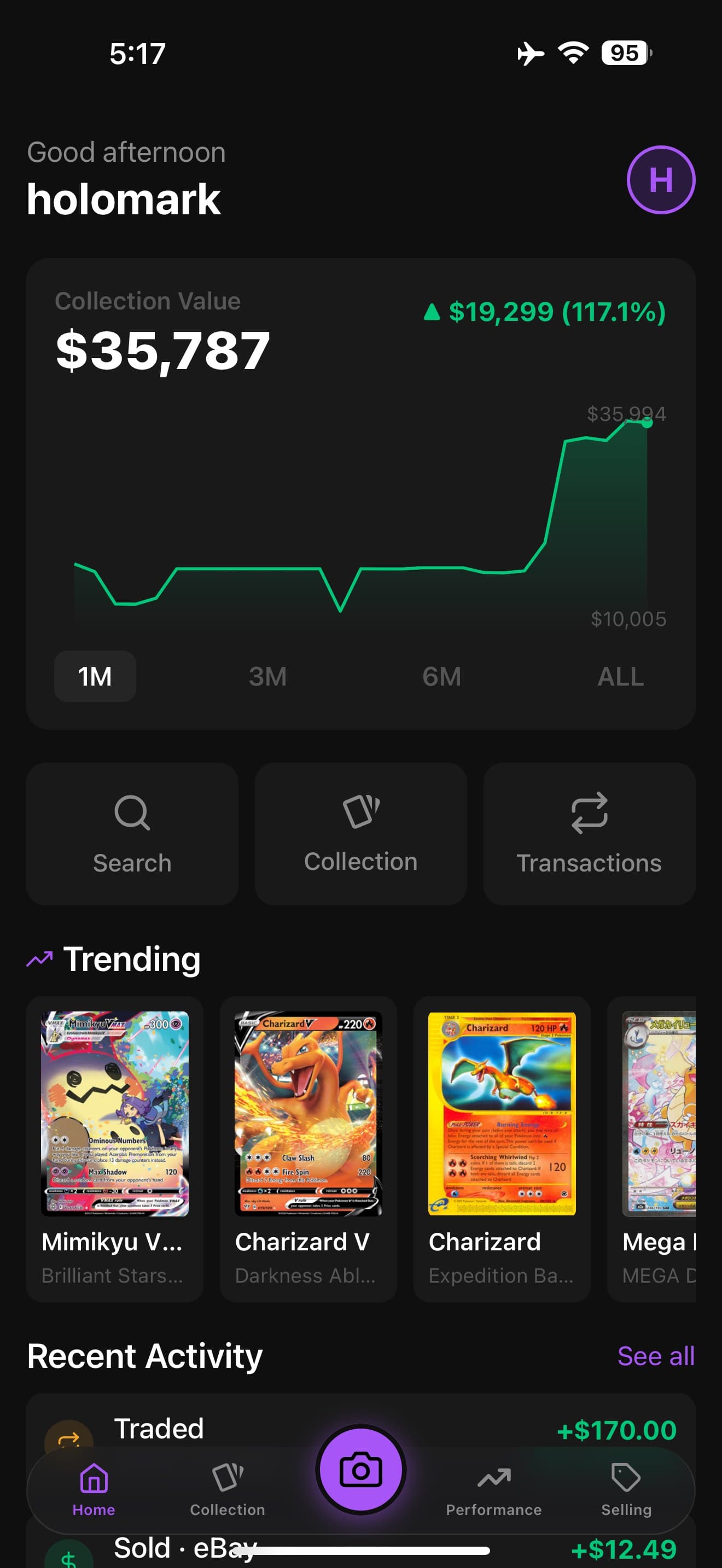 The Holomark home screen showing total collection value over time, quick actions, and trending Pokémon cards